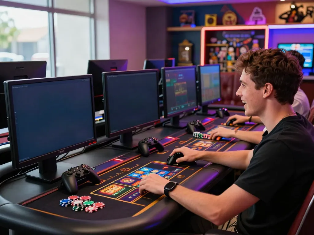 Engaging scene of non GamStop casinos featuring a player at a vibrant gaming desk with neon lights.