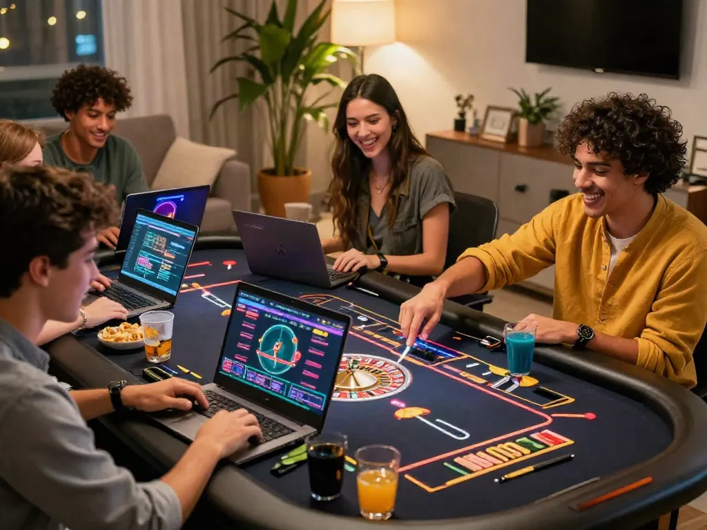 Exciting gaming moment at non gamstop casinos with friends enjoying roulette in a cozy home setting.