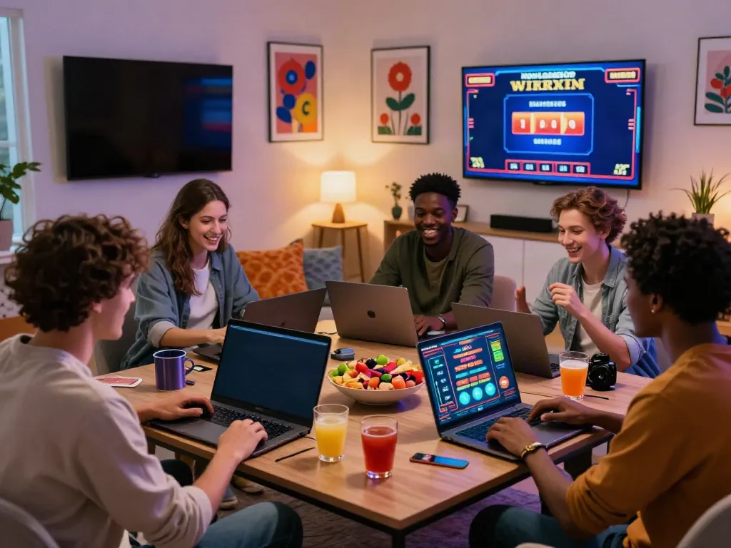 Friends enjoying a game night showcasing non gamstop casinos on laptops with cozy atmosphere.