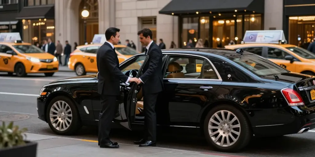 Premium black car service NYC with chauffeur assisting a businessperson in New York City.