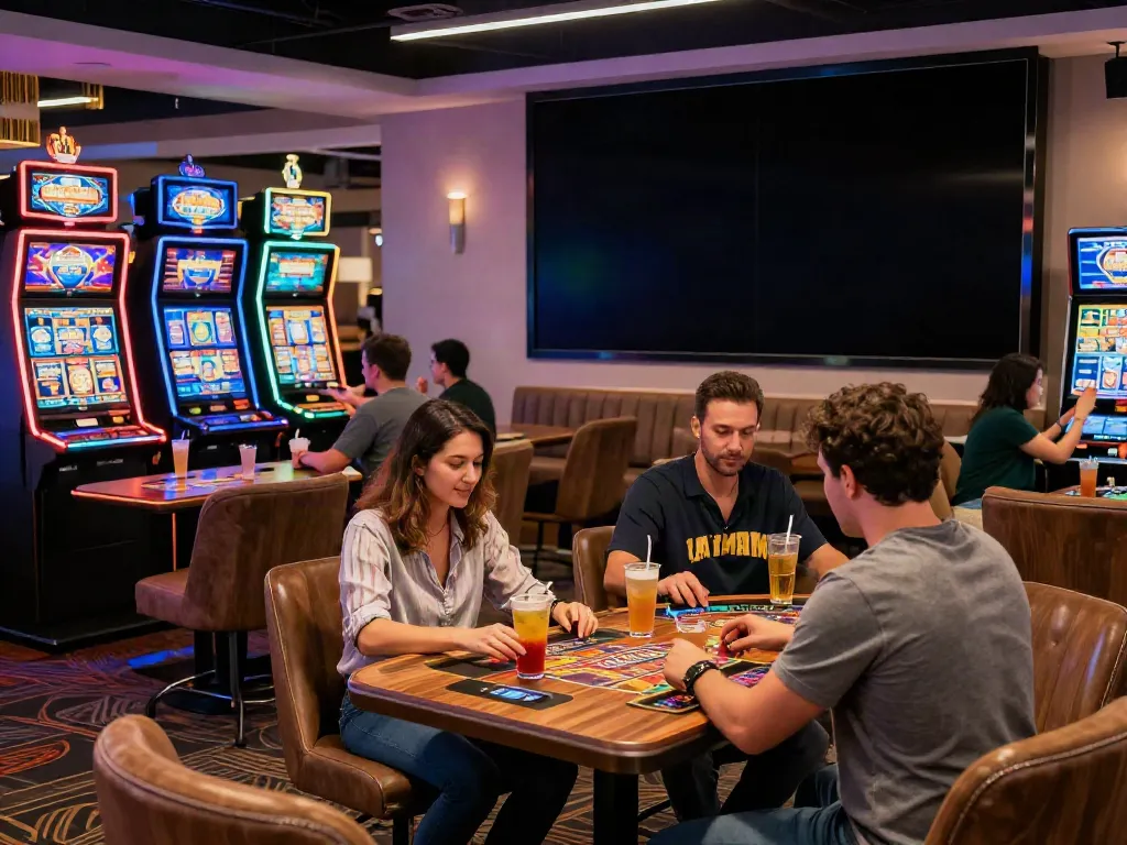 Exciting atmosphere at non gamstop casinos with players engaged in games in a stylish lounge.