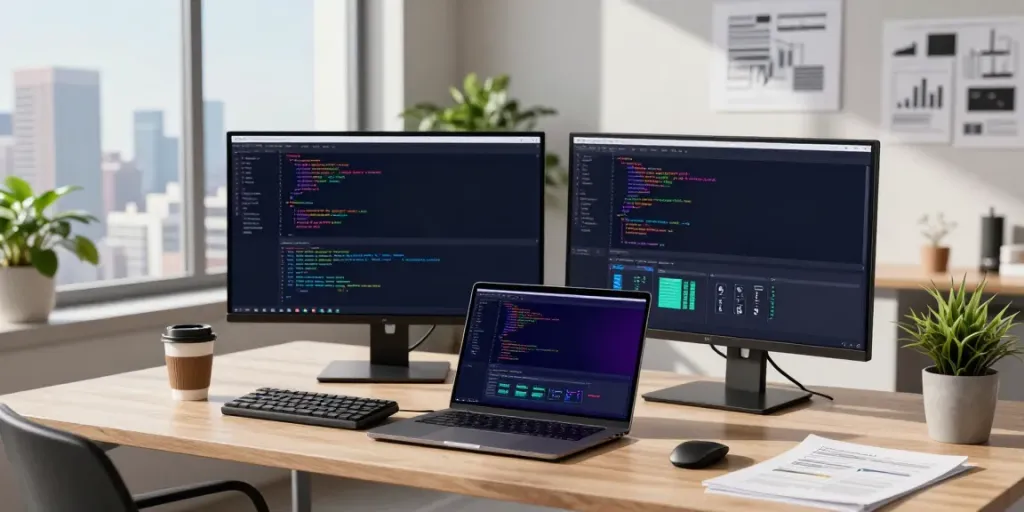 Developer using instant indexing tools in a modern tech workspace, showcasing vibrant coding screens and a creative atmosphere.