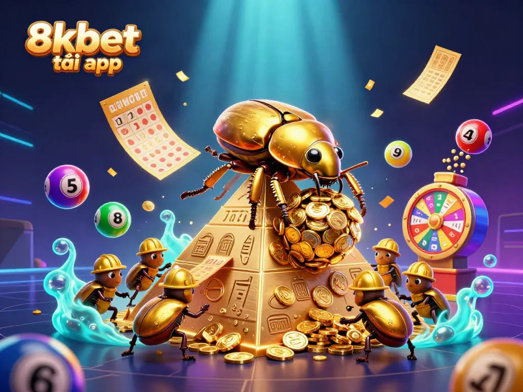 Spin and win with 8xbet tải app, featuring a vibrant scene of golden beetles and colorful lottery elements.