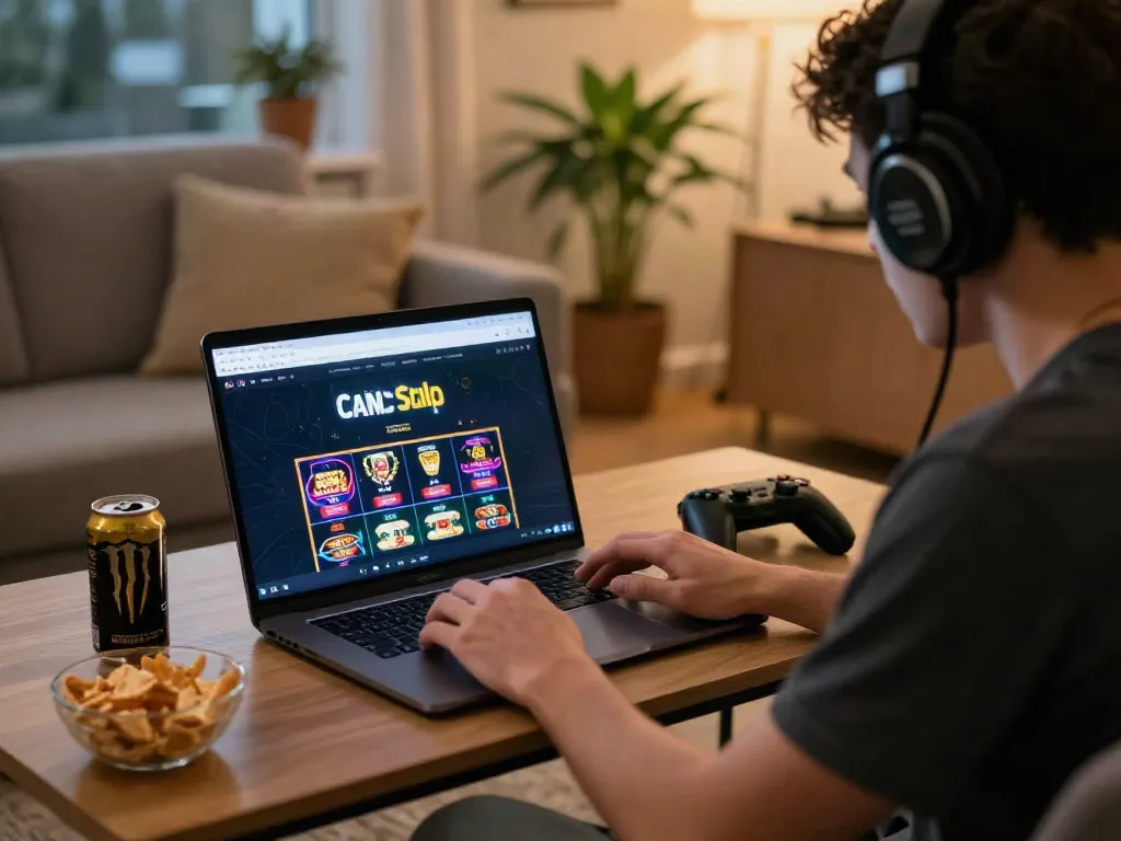Engaged player enjoying non GamStop casinos on a laptop in a cozy living room.