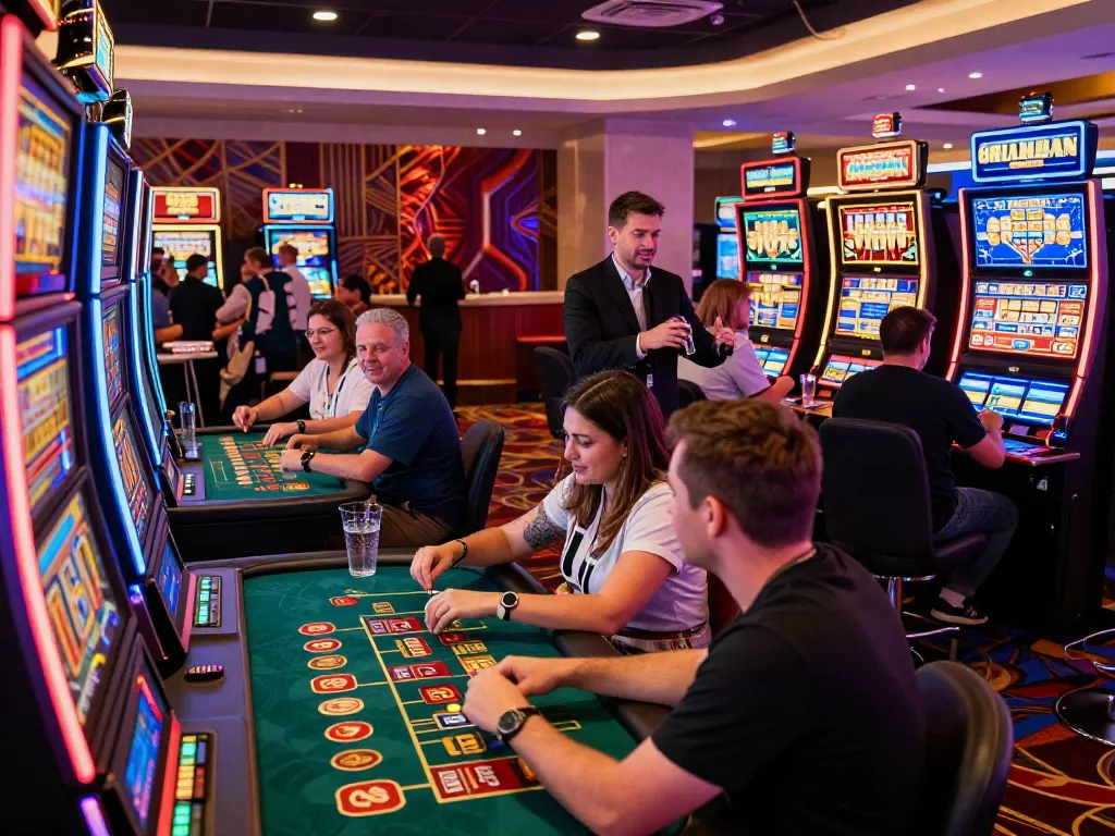 Vibrant scene inside non GamStop casinos with players enjoying gaming activities and festive atmosphere.