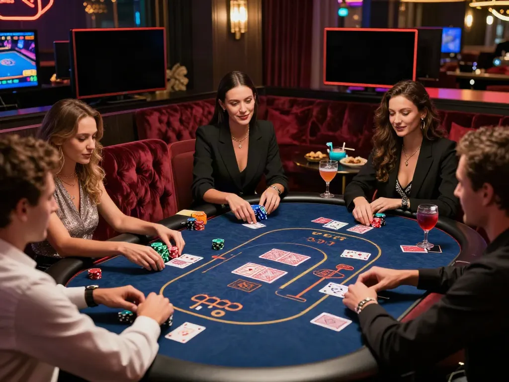 Experience thrilling non GamStop casinos with friends in a luxurious lounge setting, enjoying poker and cocktails.