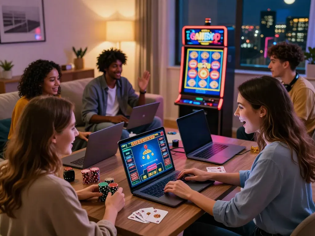 Engaging scene of a woman playing at non GamStop casinos in a lively home setting.