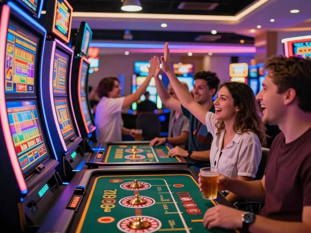 Exciting atmosphere at non GamStop casinos with diverse players enjoying games.