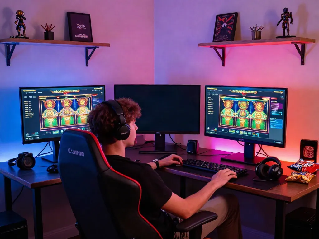 Engaging online gaming setup for non GamStop casinos with colorful LED lighting and gaming memorabilia.