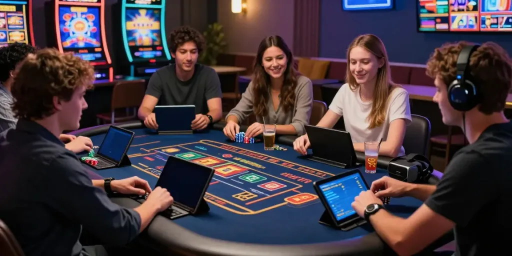 Players enjoying vibrant gameplay at non GamStop casinos with digital devices and engaging atmosphere.