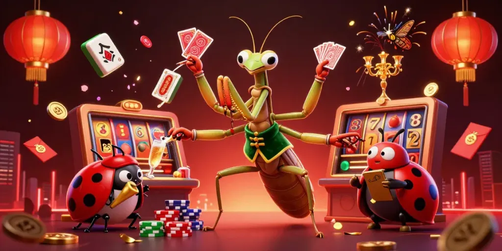 Experience thrilling gameplay with sunwinw’s vibrant casino scene featuring a giant praying mantis dealer.