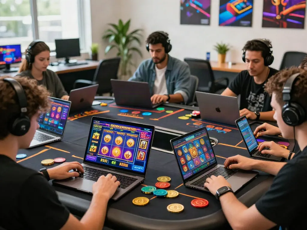Players enjoying games at non GamStop casinos on digital devices in a lively gaming environment.