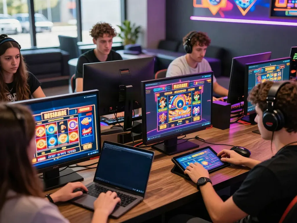 Exciting online gaming scene at non GamStop casinos, featuring players enjoying various games in a vibrant, neon-lit lounge.