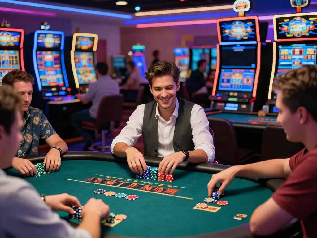 Cheerful players enjoying games at lively non GamStop casinos, showcasing vibrant atmosphere and responsible gaming.