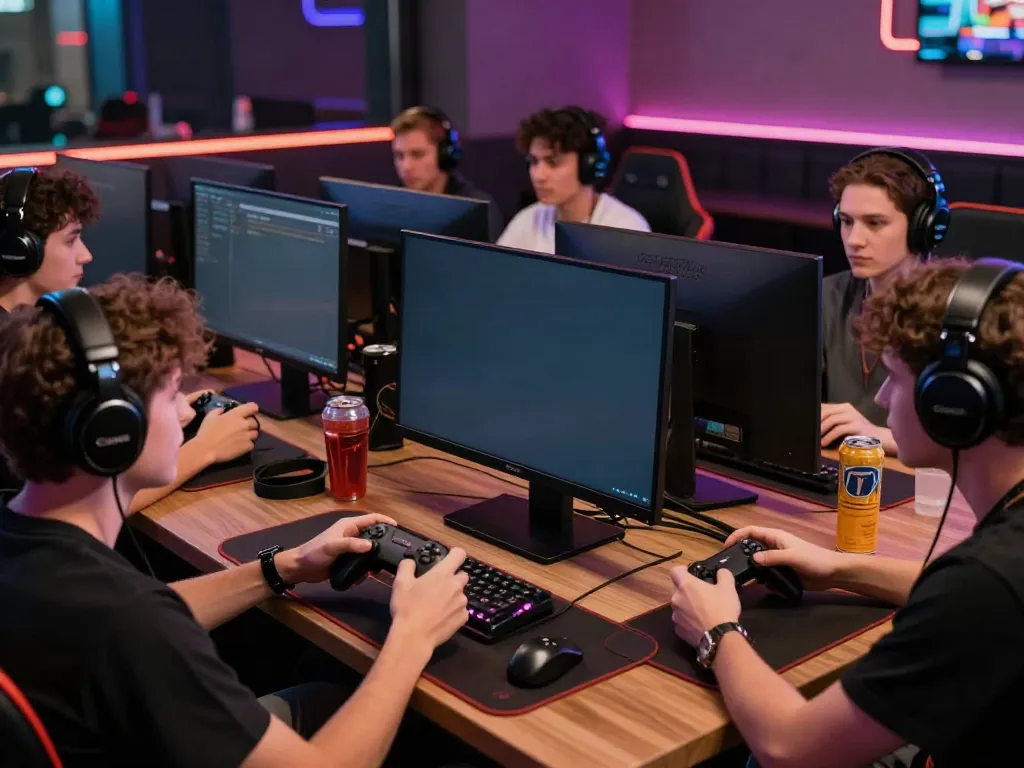 Friends enjoying gaming experience at non GamStop casinos in a vibrant lounge