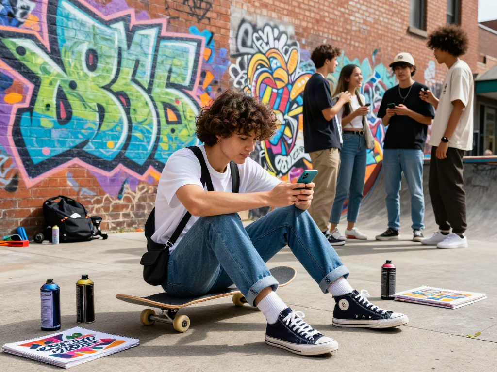 A youthful individual embodying the ai slut style on a skateboard, engaging with a smartphone amid vibrant street art.