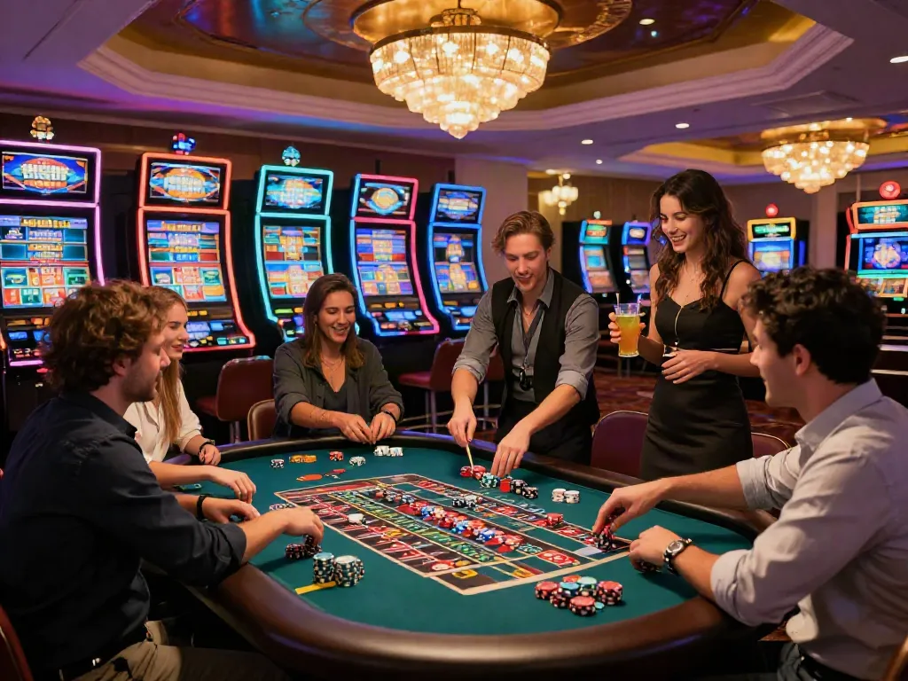 Exciting scene at non GamStop casinos with friends celebrating at roulette table in a vibrant casino atmosphere.
