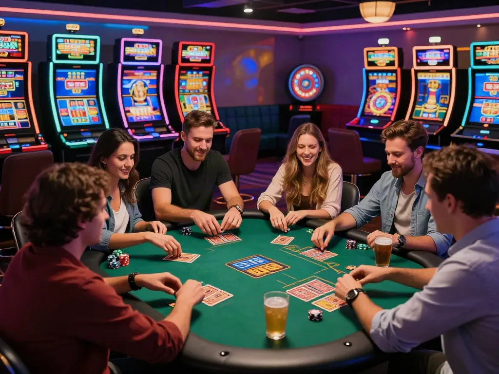 Excited group playing at a non GamStop casino table with vibrant lighting.