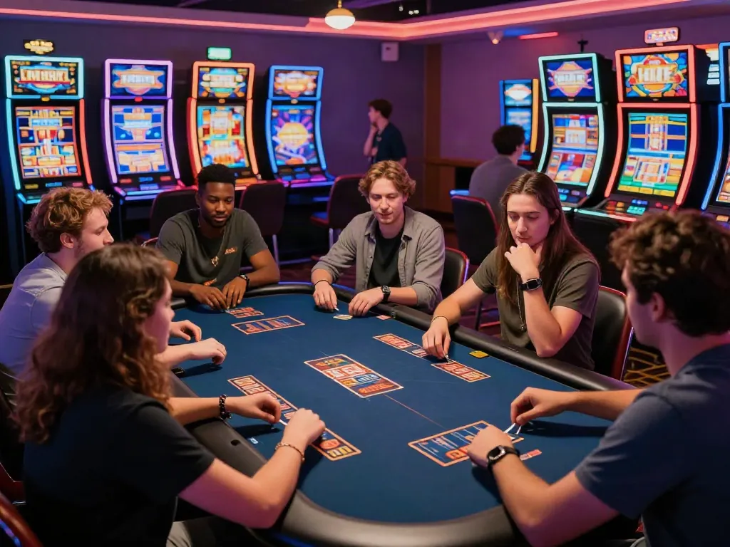 Friends enjoying games at non GamStop casinos in a vibrant casino atmosphere.