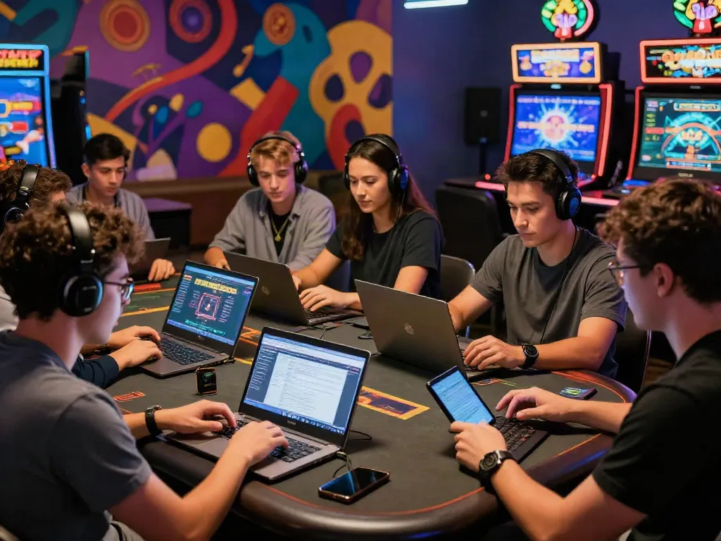 Friends enjoying gameplay at non GamStop casinos with laptops and mobile devices.