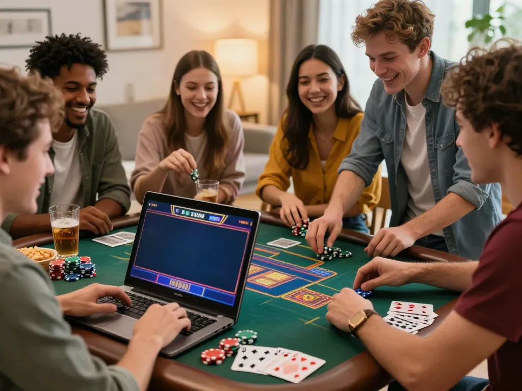 Friends enjoying a lively game night with non GamStop casinos, colorful gaming chips scattered around.
