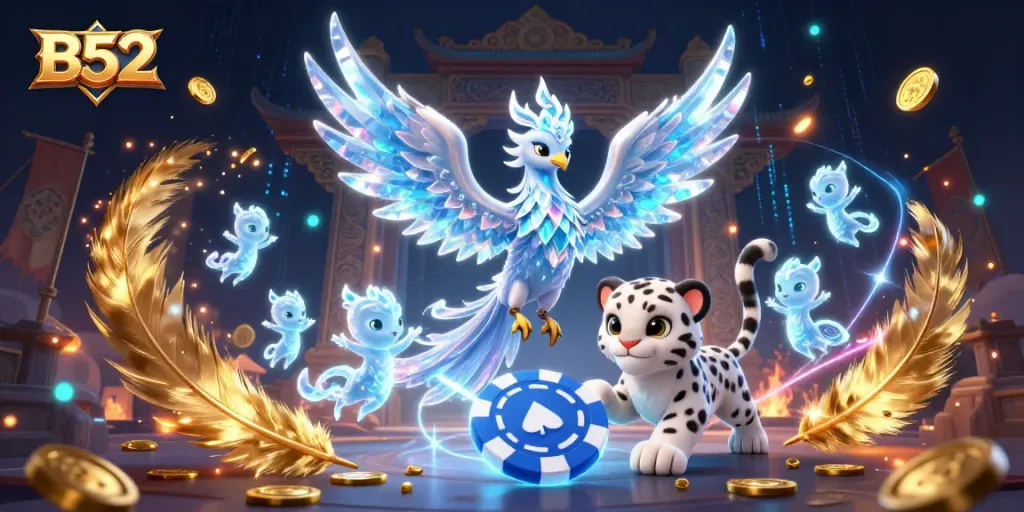 B52 interactive gaming scene with a mystical ice phoenix and playful snow leopard amidst swirling golden particles and vibrant casino elements.
