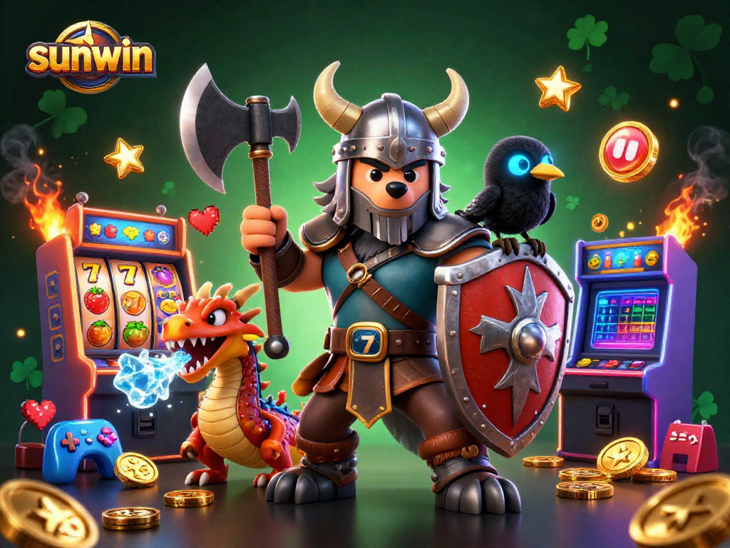 Engage with sunwin’s dynamic casino featuring Viking warrior, dragon, and glowing arcade elements.