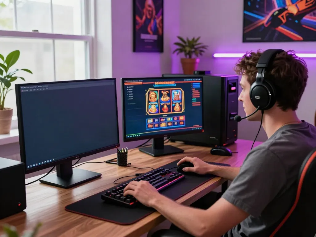 Engaged gamer exploring non gamstop casinos on multiple screens in a vibrant home office.