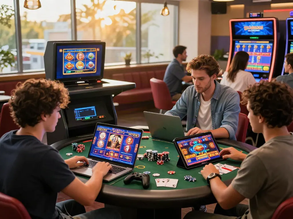 Players enjoying immersive gaming experiences at top non GamStop casinos featuring laptops and vibrant gaming interfaces.