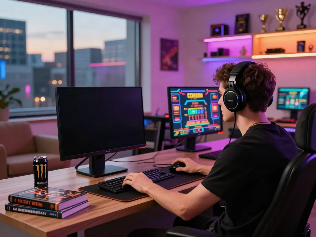 Player enjoying non GamStop casinos with vibrant gaming setup and city backdrop