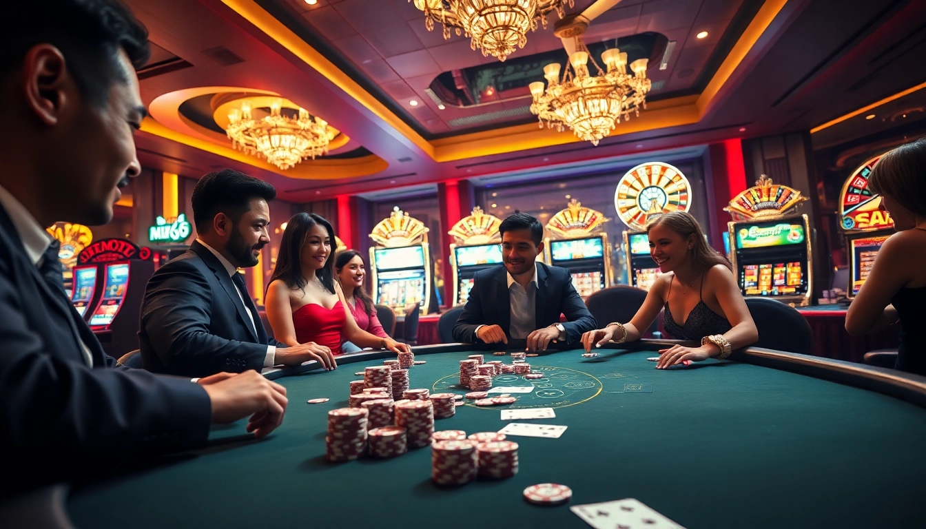 Players strategizing at a high-stakes poker table in the luxurious MB66 casino.