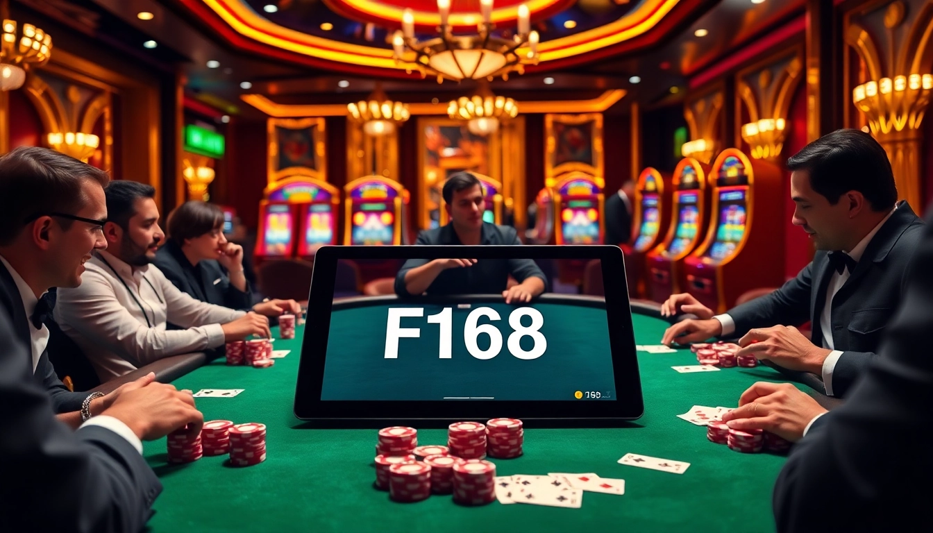 Engaging F168 poker game with elegant players and a dealer in a luxurious casino setting.
