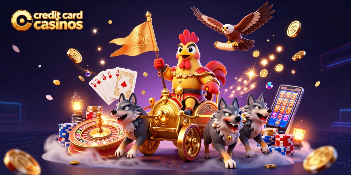 Engage with credit card casinos featuring a dynamic 3D illustration of a rooster warlord in a casino battle.