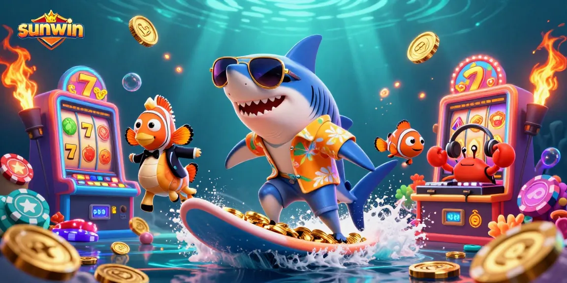Win big at sunwin casino with a shark surfing gold coins while enjoying vibrant gaming elements.