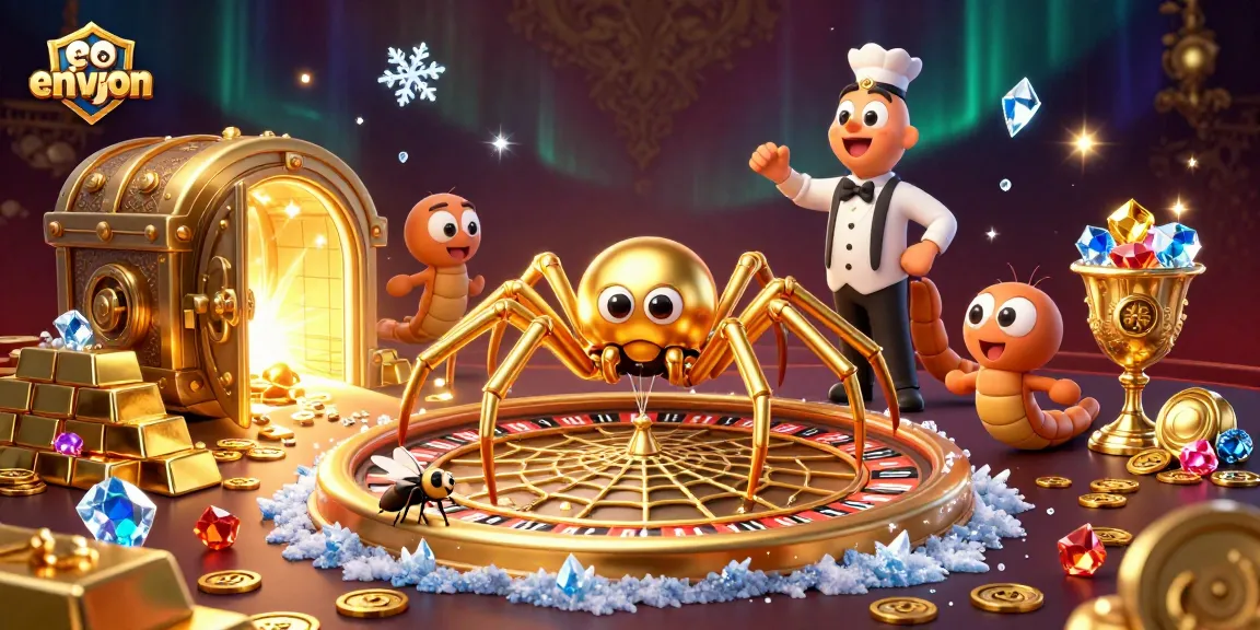 Bet big with environ at a 3D golden spider casino spinning giant roulette wheel.