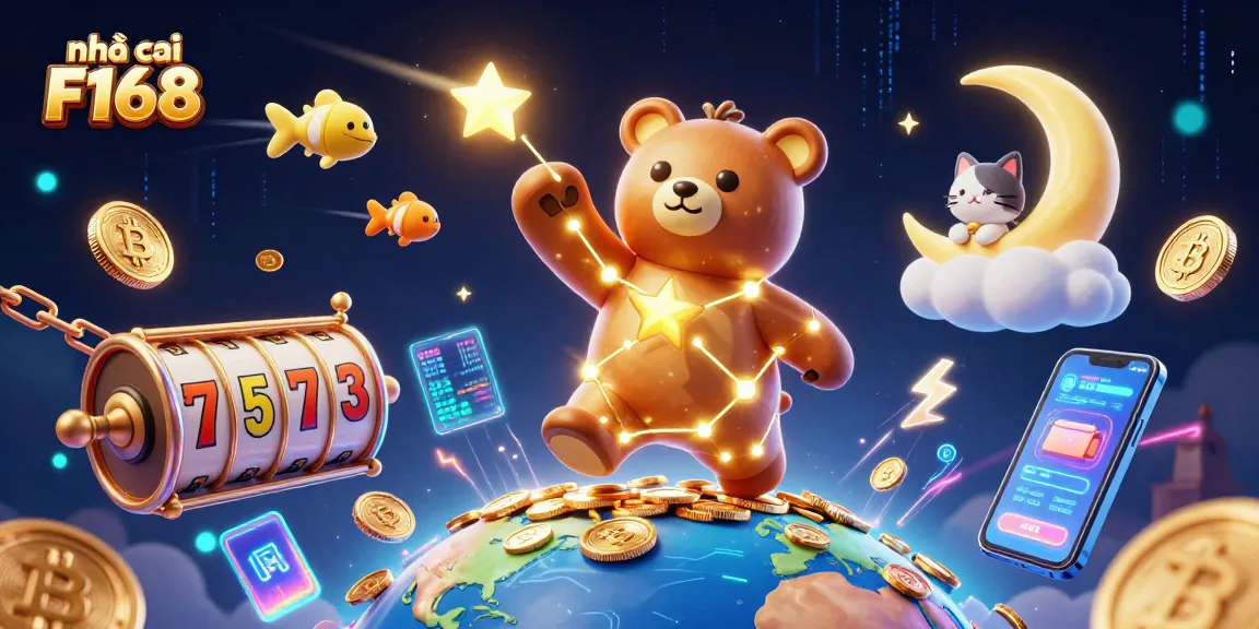 Experience the magic of nhà cái F168 with vibrant slots and celestial characters in a cosmic casino scene.