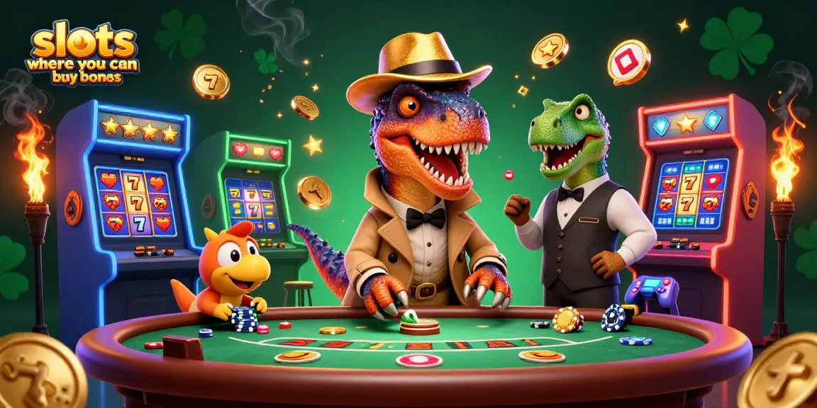 Exciting moment in an illustrated casino with slots where you can buy bonus featuring a velociraptor at a blackjack table