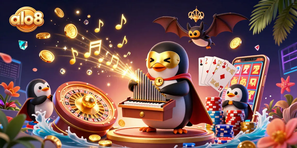 Engage in the thrilling world of ALO8 with a 3D illustration of casino characters and dynamic game elements.