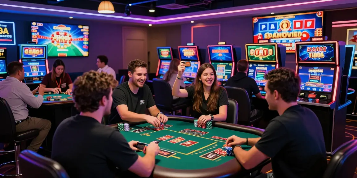 Dynamic scene of players at mastercard casinos enjoying live games and using credit cards in a vibrant casino atmosphere