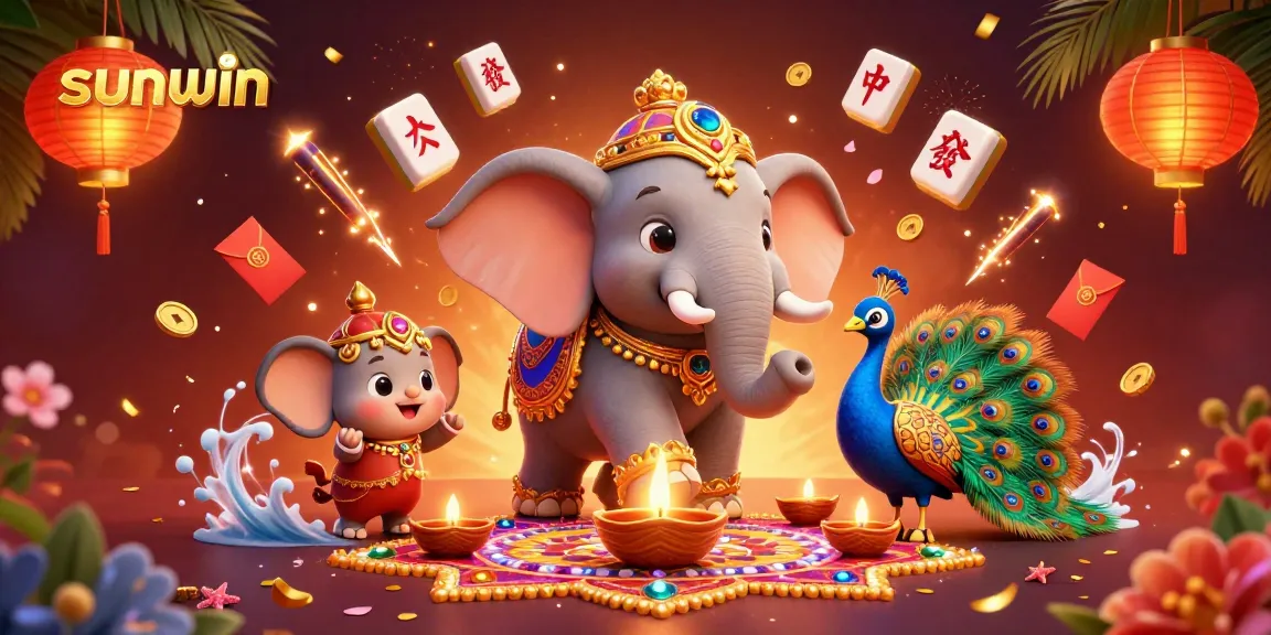 Experience sunwin's vibrant Diwali-themed casino scene with animated characters, lights, and gaming elements.