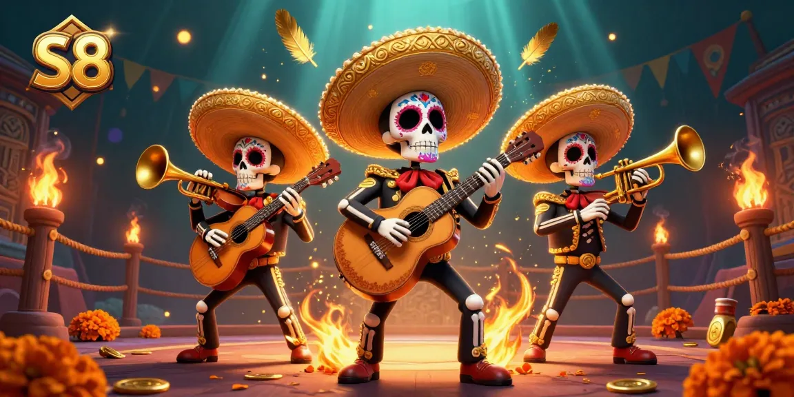 Engage in thrilling gameplay with S8 as Dia de los Muertos characters animate a vibrant casino scene.