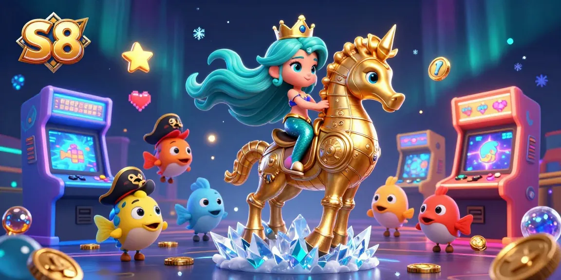 S8 offers thrilling casino experiences as a mermaid princess rides her seahorse in a vibrant underwater world.